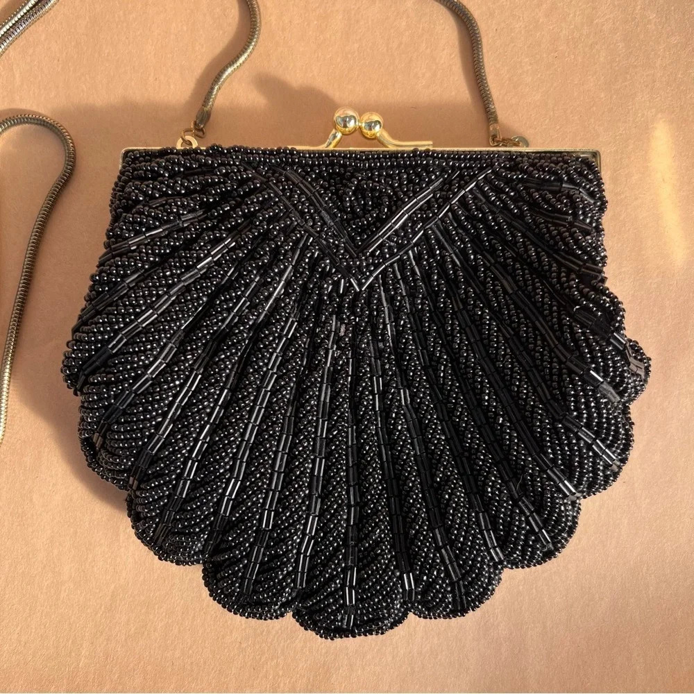 New Vintage Black Beaded Clamshell Mini Formal Purse - Picture 3 of 9